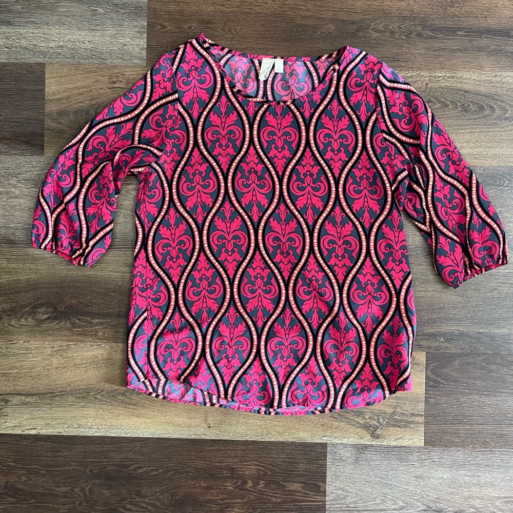 Hot pink blouse.